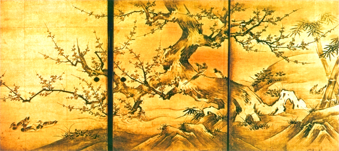Кано Эйтоку. Пейзаж с цветами и птицами. Настенная ропись. Фрагмент. 1566 г.
